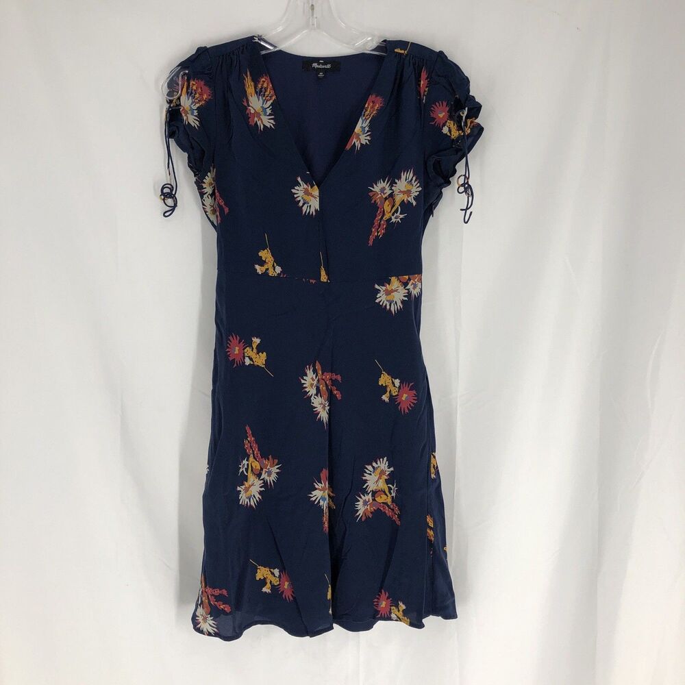 Madewell Dress Womens Size 00 Navy Floral Chiffon V-Neck Lined Lightweight Boho